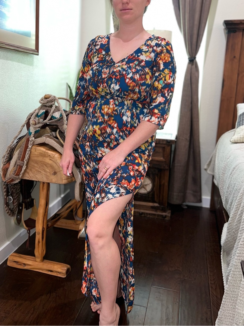 Everly Navy Multi Floral V-Neck Maxi Dress with Side Slit